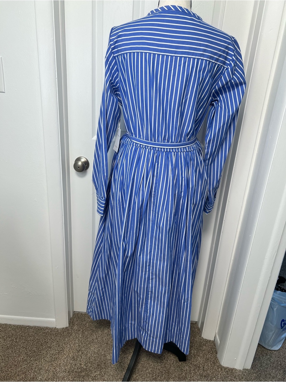 Striped Blue and White Long-Sleeve Maxi Dress with Self Tie - Picture 7 of 11